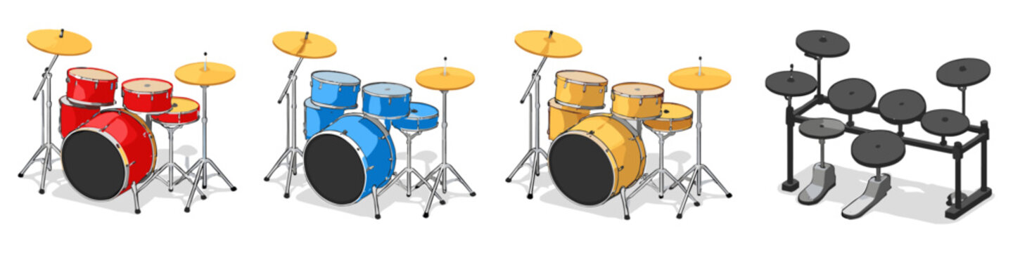 Collection of drum kits including acoustic and electronic drum sets