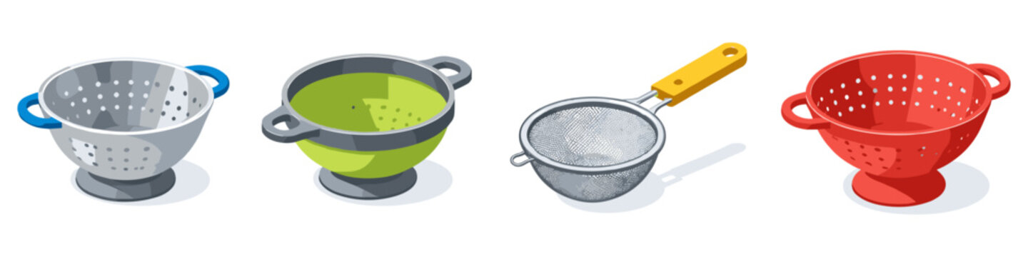 Colorful kitchen colanders and strainers for various food preparations