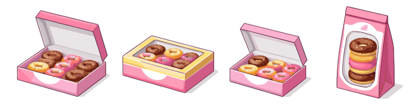 Assorted donuts in colorful boxes for celebration or dessert