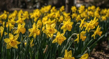 Obraz premium Garden alive with bright yellow daffodils thriving under sunlight