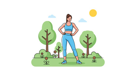 Fototapeta premium A smiling woman in blue athletic wear stands with hands on hips in a green park with trees, bushes, and yellow flowers under a sunny sky.