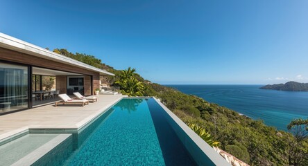 Fototapeta premium Modern island residence featuring sustainable materials and ocean scape