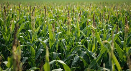 Fototapeta premium Bright corn crops growing tall in expansive farm field