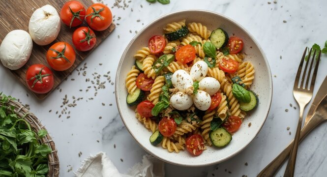 Fresh mozzarella and vegetable pasta salad crafted in a home kitchen