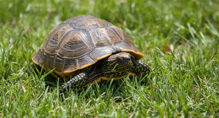 Fototapeta premium Content pet turtle basking on green grass lawn in summer daylight full length view
