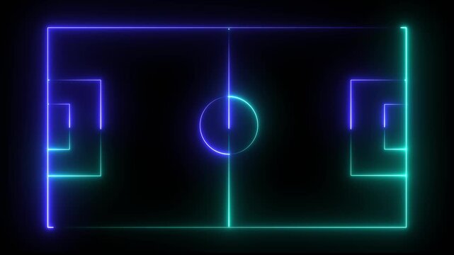 Animation of neon sports stadium on black background with neon lights match football isometric field video animation, Soccer field stadium or football lawn with panoramic.4K video