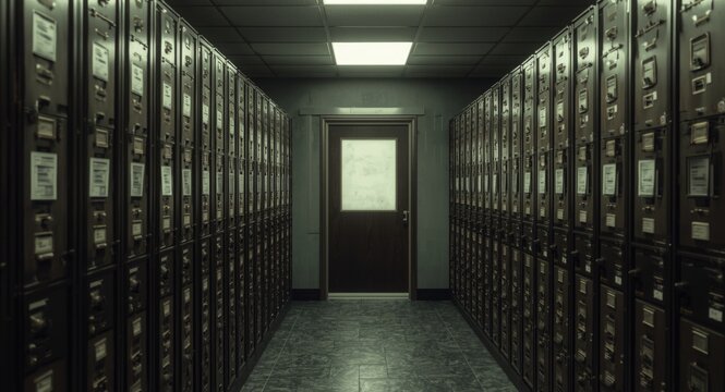 Confidential crime investigation archive room securing federal evidence and missing person case documents