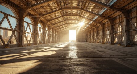 Naklejka premium Futuristic deserted hangar showcasing fractal light and shadow interplay