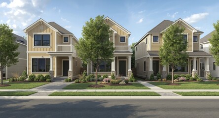 Energy saving residences alongside easels showing climate friendly upgrades