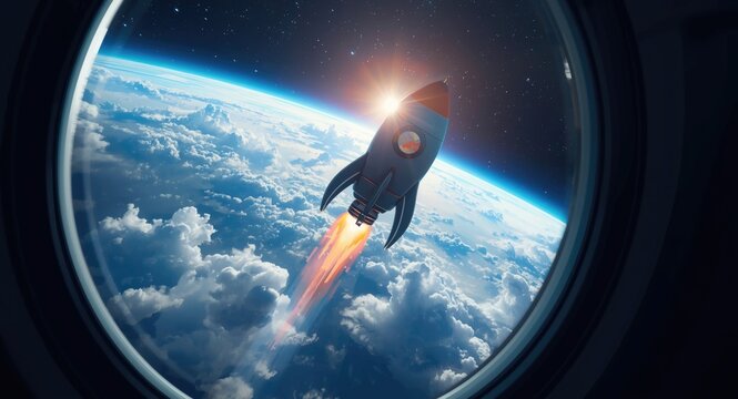 3D cartoon rocket soaring close to a bright blue planet from a window perspective emphasizing clouds and space travel