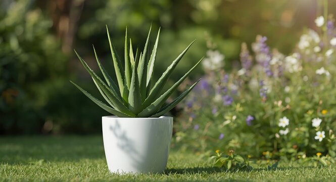 Robust aloe vera plant in a white flowerpot placed in a garden setting