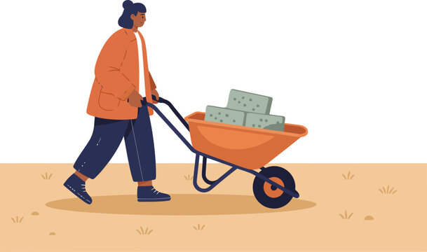 A woman pushes a wheelbarrow filled with bricks, working in a garden.  A modern, earthy illustration.  Ideal for gardening, landscaping, or outdoor projects.