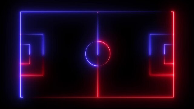 Animation of neon sports stadium on black background with neon lights match football isometric field video animation, Soccer field stadium or football lawn with panoramic.4K video