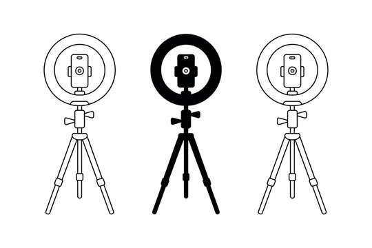 Ring light icon set with tripod stand camera and phone in outline silhouette vector illustration