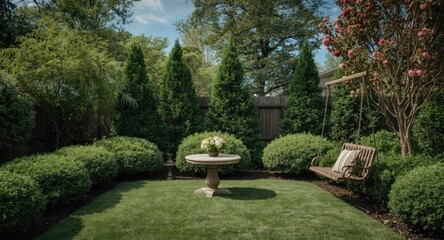 Fototapeta premium Backyard floral setting with shrubs trees a table and a swing in flat style