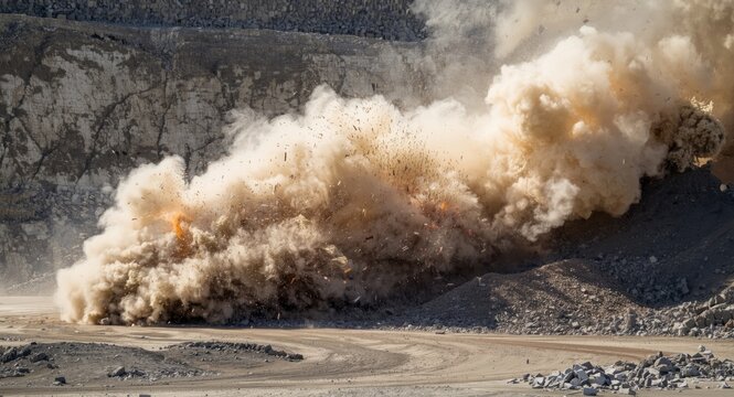 Dynamic airborne debris and dust plumes during blasting at an open pit quarry