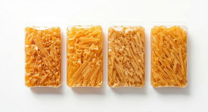 Plastic packaging variants containing spaghetti pasta shown on white background for mockup designs