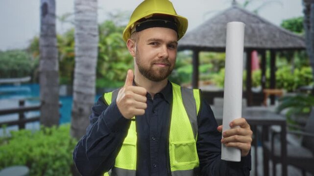 Man construction worker wearing yellow hardhat and high vis vest holding a rolled blueprint and giving thumbs up at building; confidence safety.