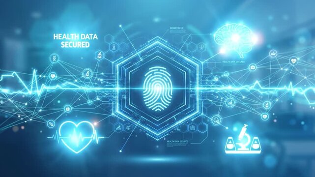 Health data secured fingerprint biometric technology digital protection network security with medical icons heart pulse brain microscope glowing blue light representing secure healthcare information