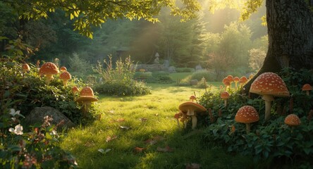 Naklejka premium Serene garden with lively elves and vivid mushrooms under soft sunlight