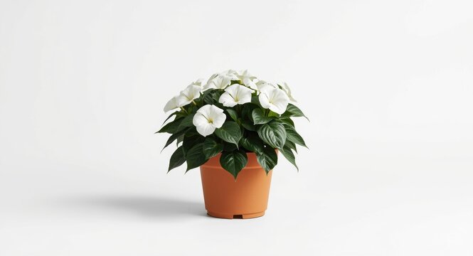 Impatiens Neuguinea plant with white blooms neatly potted and placed on white copy space backdrop