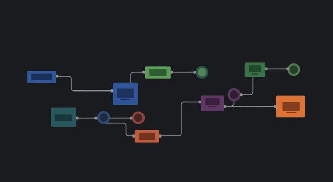 Abstract digital flowchart with colorful interconnected nodes and rectangular elements on a dark background