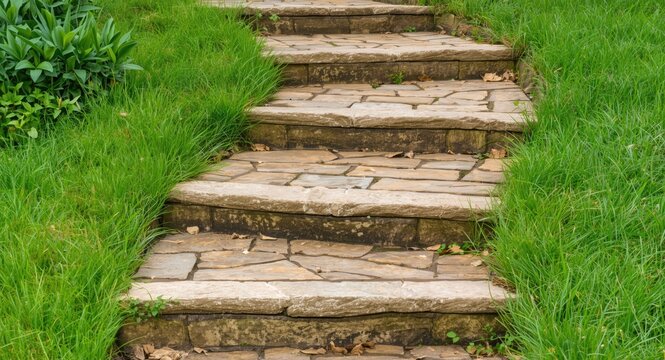 Garden route featuring natural stone stairs framed by green grass and plant life