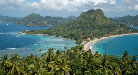 Fototapeta premium Lush tropical palm trees along a serene island coastline with vibrant seaside village