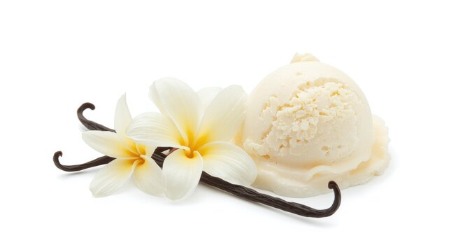 Fresh vanilla flowers and pods next to creamy ice cream isolated on white background