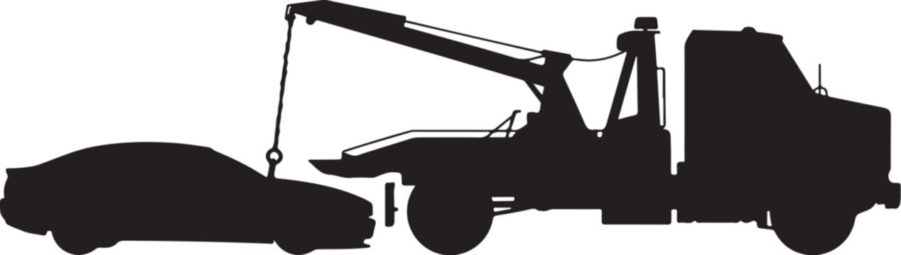Black silhouette of tow truck towing car vehicle