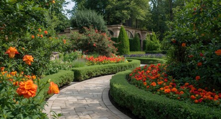 Fototapeta premium Lush garden display with curving stone walkway and bright vibrant blossoms