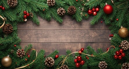 Obraz premium Christmas themed background from top with abundant fir branches and holiday adornments featuring copy space