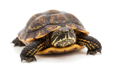 Obraz premium European pond turtle portrait capturing shell complexity and expressive eyes against a stark white surface