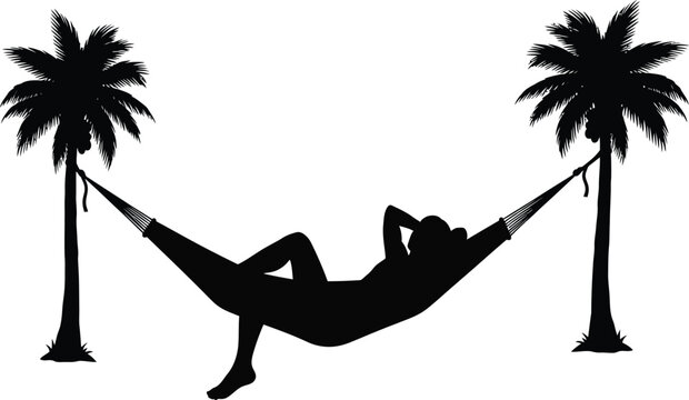 Relaxing in a hammock between palm trees a peaceful tropical scene silhouette