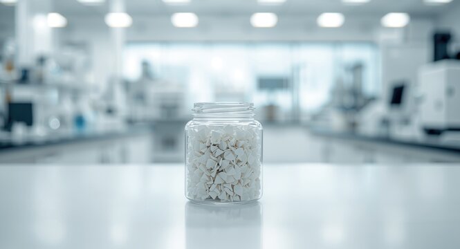 Laboratory setting with white plastic masterbatch chips inside clear glass jar for material testing and open copy space
