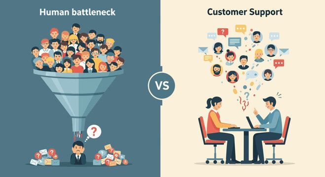 Sales Funnel Bottleneck Versus Overwhelmed Customer Support Illustration