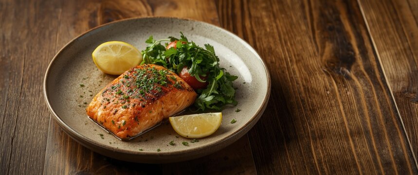Delectable salmon parmentier with fresh herb salad on wide plank wooden table