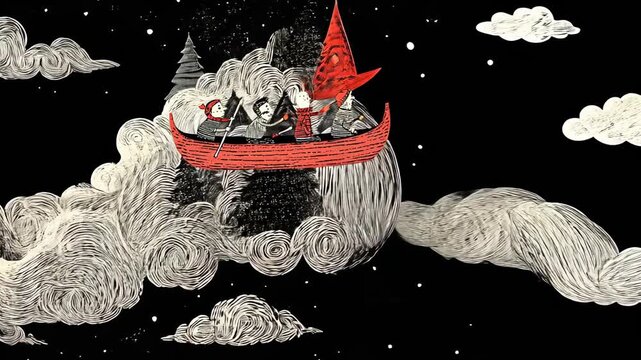 Whimsical Adventure in a Fantasy World: Colorful Boat with Red Sail Navigates Through Clouds and Night Sky - Surreal Illustration with Nautical Theme in Vector Art Style