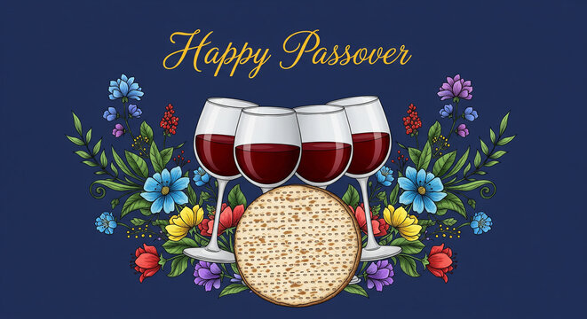 Happy passover celebration with wine glasses and matzah on a blue background
