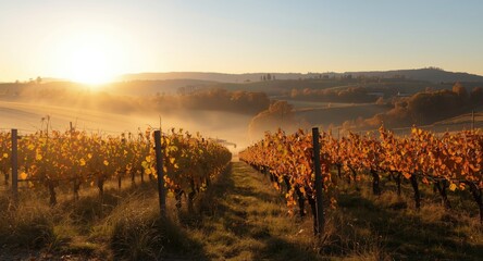 Naklejka premium Peaceful autumn morning with sunlight warming vineyard rows