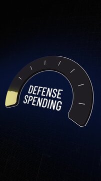 Vertical defense spending gauge rising to red and dropping back. Military budget levels fluctuate, impacting arms funding, national security costs, debt risk, and budget cuts. Copy space