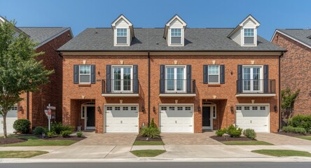 Brick twin houses connected with a party wall including balconies and driveway garages