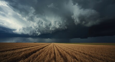 Fototapeta premium Heavy storm clouds approaching a wide soy crop area with copy space