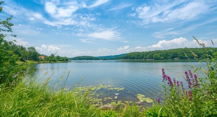 Naklejka premium Peaceful lake vista embraced by flourishing summer plants and a cloud-speckled blue sky
