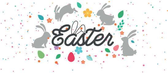 Obraz premium Happy Easter Celebration Banner with Jumping Bunny Silhouettes and Colorful Confetti, Modern Minimalist Holiday Greeting Card Background Vector Graphic Illustration Isolated on White