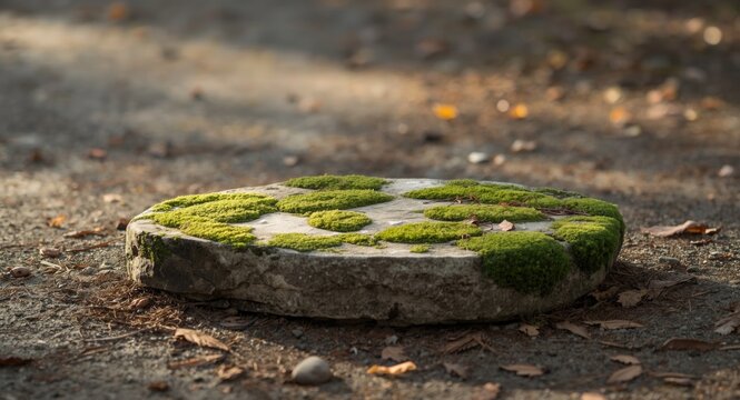 Classic stone slab with natural moss growth and minimal shadow textured background