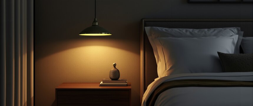 Inviting bedroom close up with sleek bedside table and pendant lighting