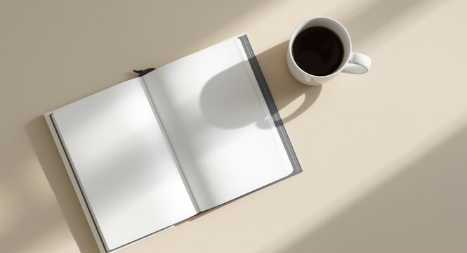 Minimalist desk view with blank book mockup next to coffee cup on beige table illuminated by natural soft glow