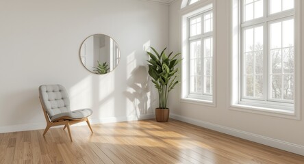 Fototapeta premium Airy living space with gleaming hardwood floors chair lush plant mirror and large bright windows
