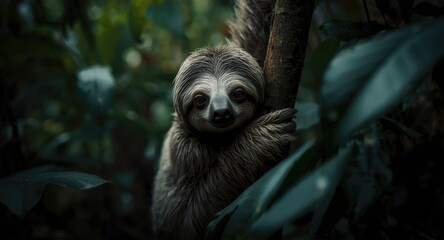 Fototapeta premium Quiet young sloth blending into rainforest scenery